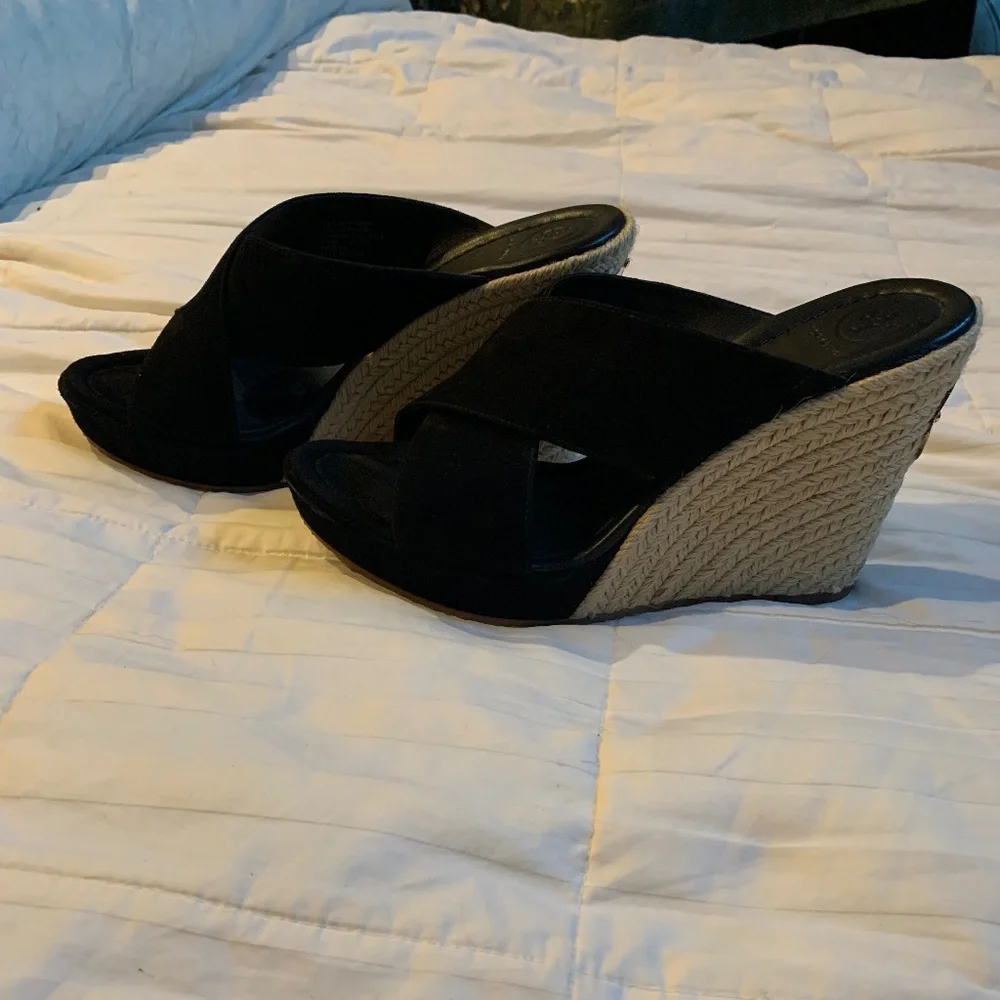 Tory Burch Black Suede Leather Platform Wedge Slides sz 8.5 M